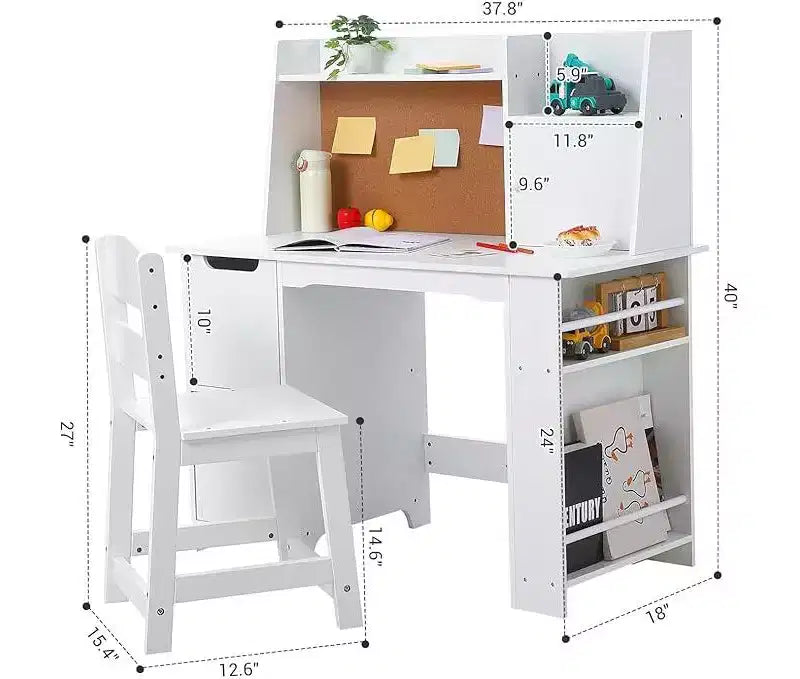 Set scrivania e sedia per bambini, scrivania in legno per bambini con credenza, libreria, armadietti e bacheca in sughero, scrivania per ragazzi e ragazze