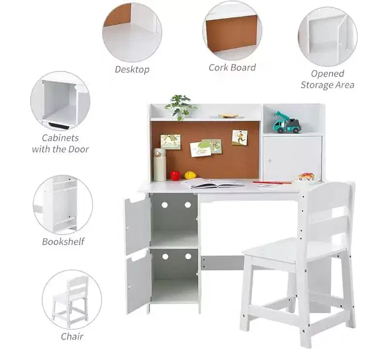 Set scrivania e sedia per bambini, scrivania in legno per bambini con credenza, libreria, armadietti e bacheca in sughero, scrivania per ragazzi e ragazze