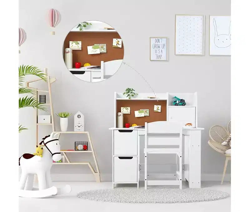 Set scrivania e sedia per bambini, scrivania in legno per bambini con credenza, libreria, armadietti e bacheca in sughero, scrivania per ragazzi e ragazze