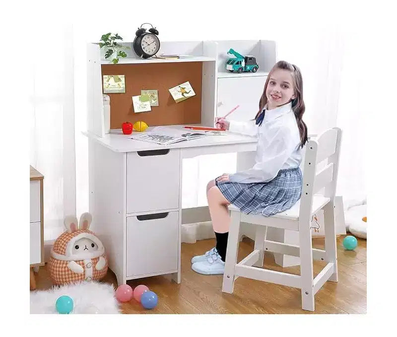 Set scrivania e sedia per bambini, scrivania in legno per bambini con credenza, libreria, armadietti e bacheca in sughero, scrivania per ragazzi e ragazze
