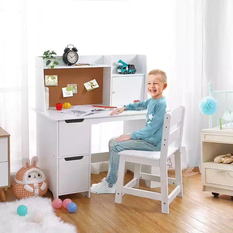 Set scrivania e sedia per bambini, scrivania in legno per bambini con credenza, libreria, armadietti e bacheca in sughero, scrivania per ragazzi e ragazze