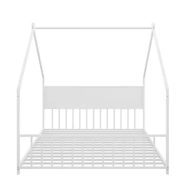 Letto a casetta Bellemave Full Size per bambini con tetto e luci a LED, struttura in metallo con doghe, letto basso per bambini e bambine, sonno confortevole, divertente e sicuro, bianco