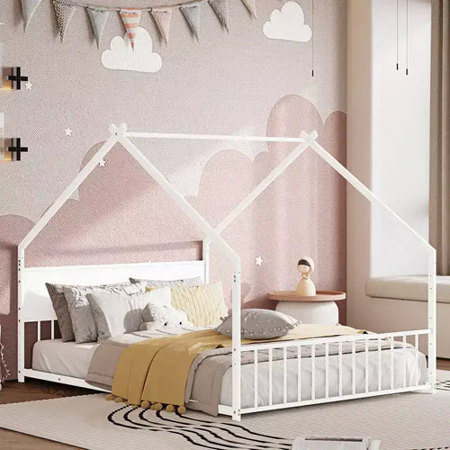 Letto a casetta Bellemave Full Size per bambini con tetto e luci a LED, struttura in metallo con doghe, letto basso per bambini e bambine, sonno confortevole, divertente e sicuro, bianco