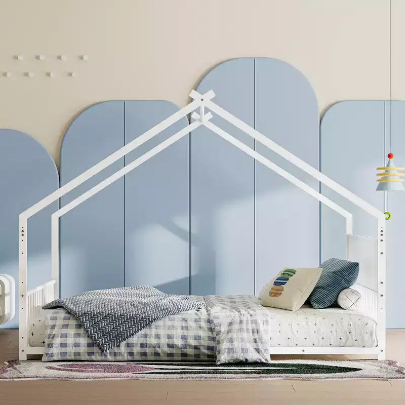 Letto a casetta Bellemave Full Size per bambini con tetto e luci a LED, struttura in metallo con doghe, letto basso per bambini e bambine, sonno confortevole, divertente e sicuro, bianco