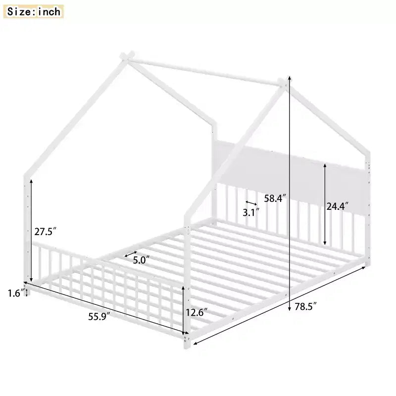 Letto a casetta Bellemave Full Size per bambini con tetto e luci a LED, struttura in metallo con doghe, letto basso per bambini e bambine, sonno confortevole, divertente e sicuro, bianco