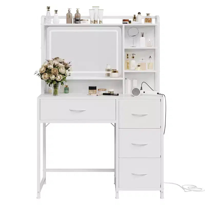Toeletta con Specchio, Tavolo da Trucco da 35,4" con 4 Cassetti in Tessuto e Ripiani Contenitori