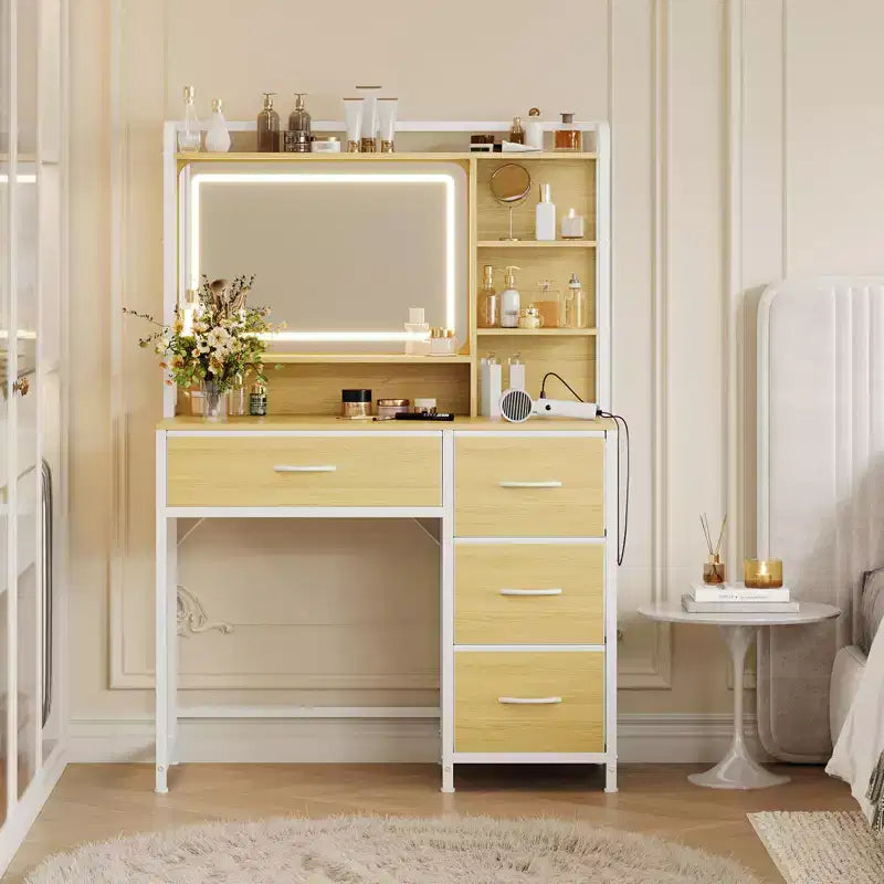 Toeletta con Specchio, Tavolo da Trucco da 35,4" con 4 Cassetti in Tessuto e Ripiani Contenitori