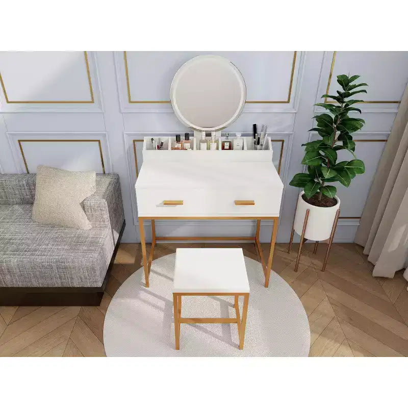Toeletta moderna da donna con gambe in metallo e specchio rotondo, Toeletta per il trucco con sgabello imbottito, Tavolo da trucco per camera da letto piccola, Bianco antico