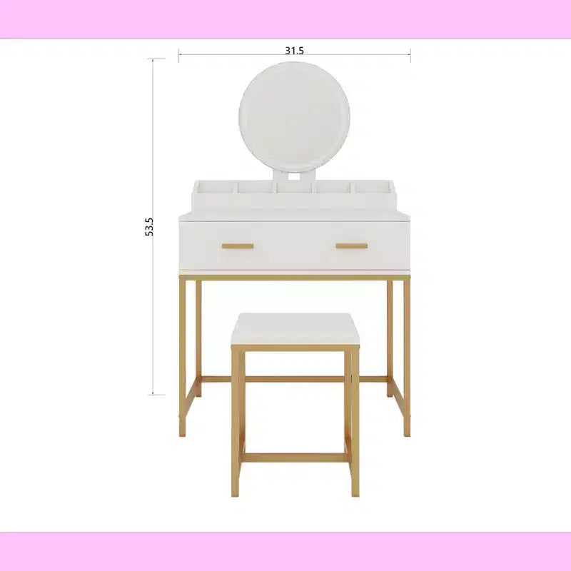 Toeletta moderna da donna con gambe in metallo e specchio rotondo, Toeletta per il trucco con sgabello imbottito, Tavolo da trucco per camera da letto piccola, Bianco antico