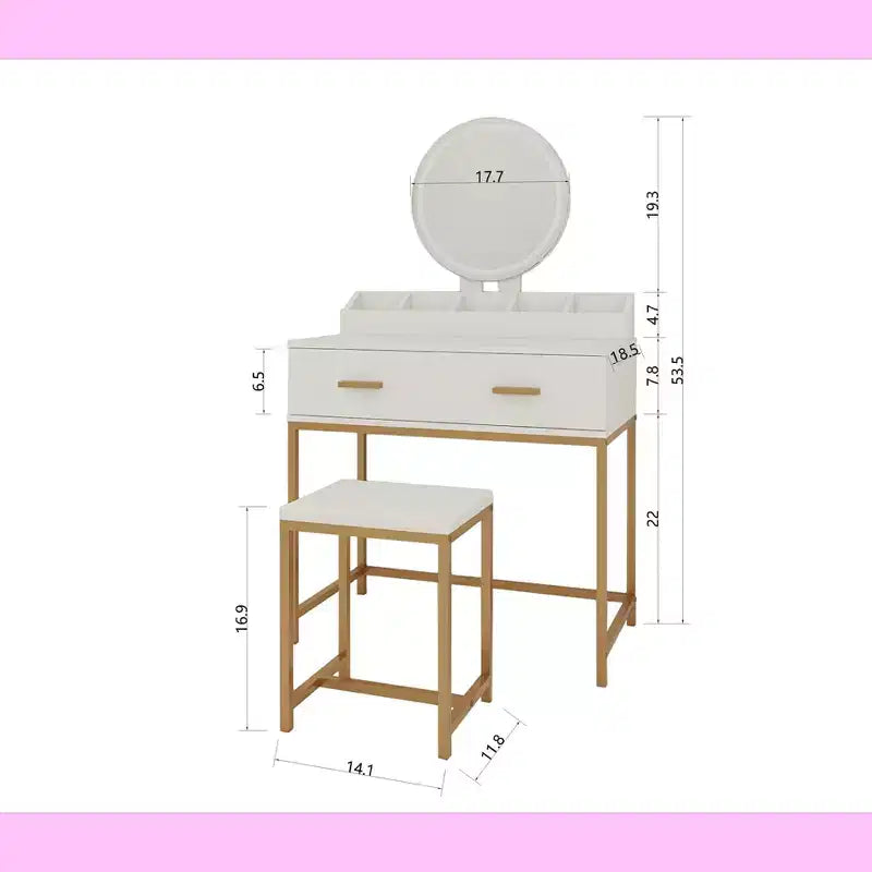 Toeletta moderna da donna con gambe in metallo e specchio rotondo, Toeletta per il trucco con sgabello imbottito, Tavolo da trucco per camera da letto piccola, Bianco antico