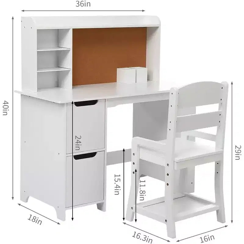 Scrivania per bambini, set scrivania e sedia per ragazzi e ragazze, tavolo da scrittura in legno per bambini con libreria, bacheca e armadietti per età 3-8