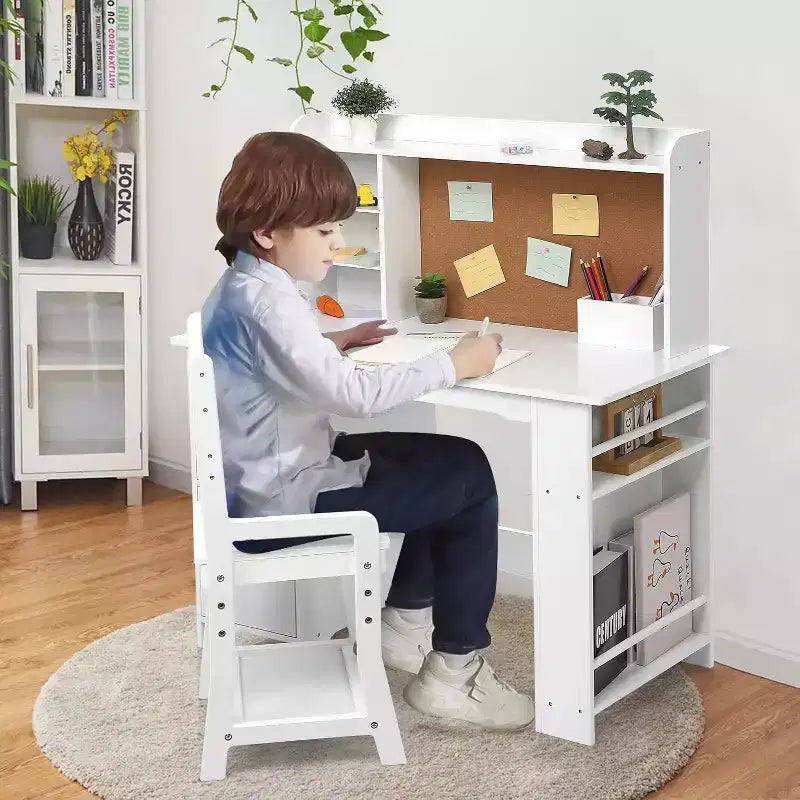 Scrivania per bambini, set scrivania e sedia per ragazzi e ragazze, tavolo da scrittura in legno per bambini con libreria, bacheca e armadietti per età 3-8