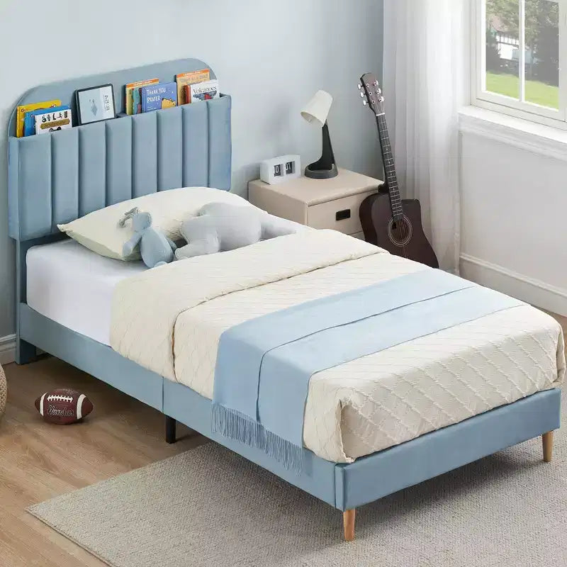 Struttura letto, struttura letto a piattaforma imbottita con testiera a libreria, gambe di supporto in acciaio resistente, facile montaggio, silenzioso
