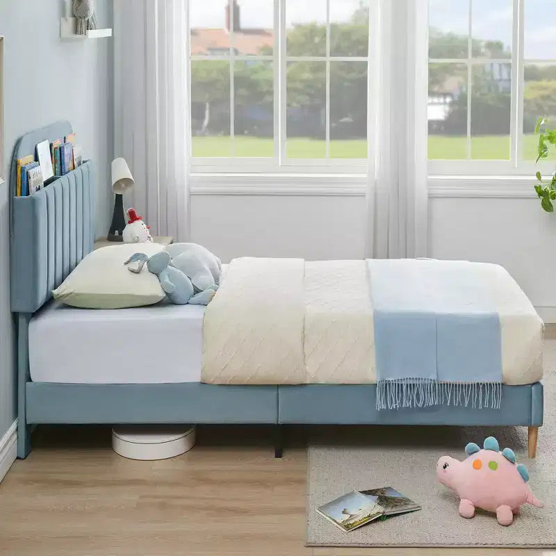 Struttura letto, struttura letto a piattaforma imbottita con testiera a libreria, gambe di supporto in acciaio resistente, facile montaggio, silenzioso