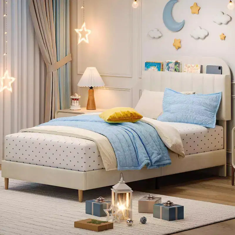 Struttura letto, struttura letto a piattaforma imbottita con testiera a libreria, gambe di supporto in acciaio resistente, facile montaggio, silenzioso
