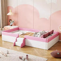 Twin/Full/Queen Size Floor Daybed Frame with Fence and Stairs, PU Upholstered Floor Bedframe for Girls Boys for Living Room