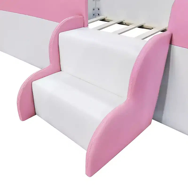Struttura letto a pavimento Twin/Full/Queen Size con recinzione e scale, giroletto a pavimento imbottito in PU per bambine e bambini, per soggiorno