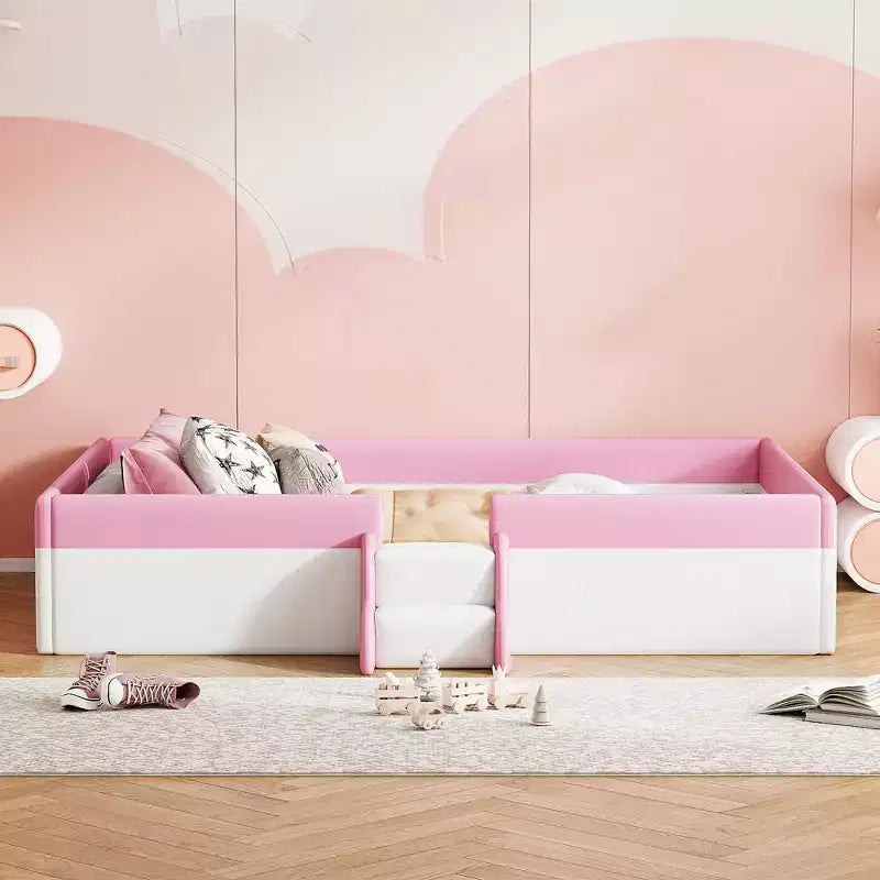 Struttura letto a pavimento Twin/Full/Queen Size con recinzione e scale, giroletto a pavimento imbottito in PU per bambine e bambini, per soggiorno
