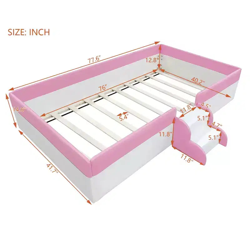 Struttura letto a pavimento Twin/Full/Queen Size con recinzione e scale, giroletto a pavimento imbottito in PU per bambine e bambini, per soggiorno