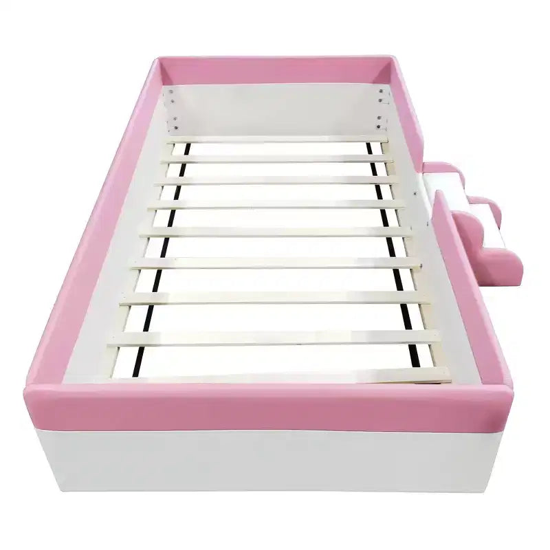 Struttura letto a pavimento Twin/Full/Queen Size con recinzione e scale, giroletto a pavimento imbottito in PU per bambine e bambini, per soggiorno