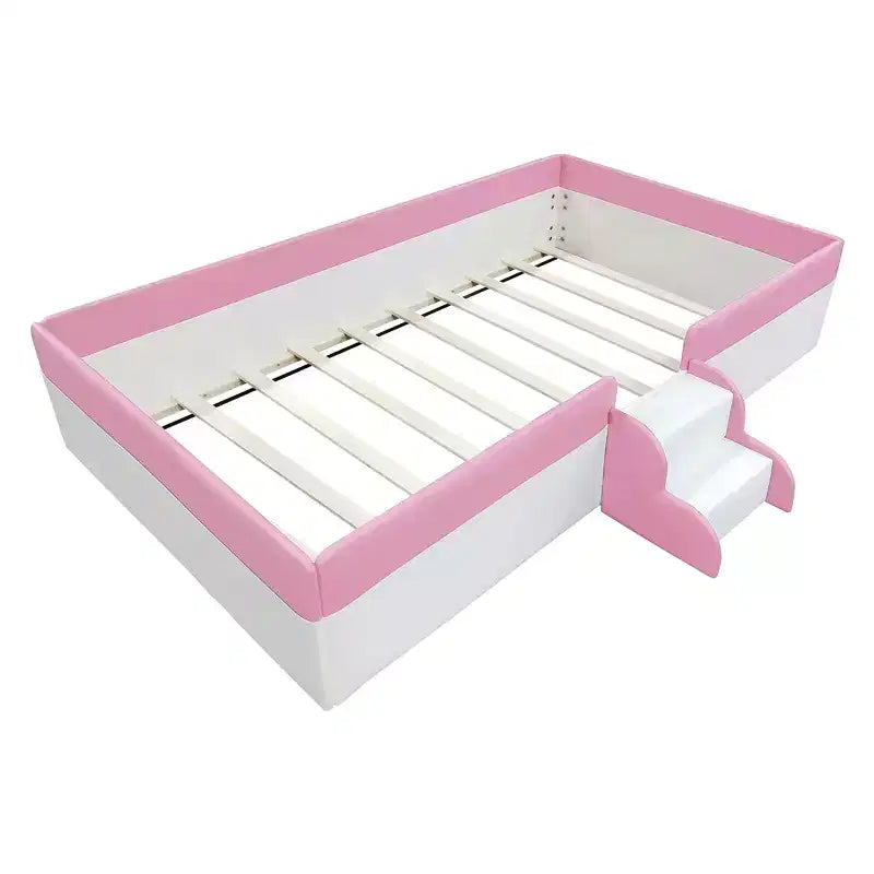 Struttura letto a pavimento Twin/Full/Queen Size con recinzione e scale, giroletto a pavimento imbottito in PU per bambine e bambini, per soggiorno