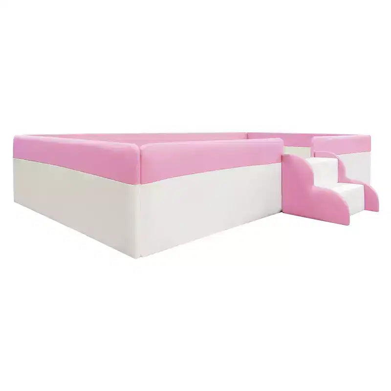 Struttura letto a pavimento Twin/Full/Queen Size con recinzione e scale, giroletto a pavimento imbottito in PU per bambine e bambini, per soggiorno