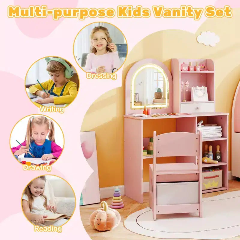 Set da toeletta per bambine principesse con specchio a LED a 3 colori, rosa