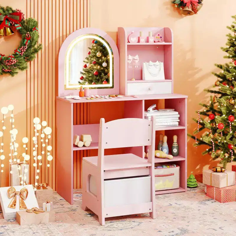 Set da toeletta per bambine principesse con specchio a LED a 3 colori, rosa