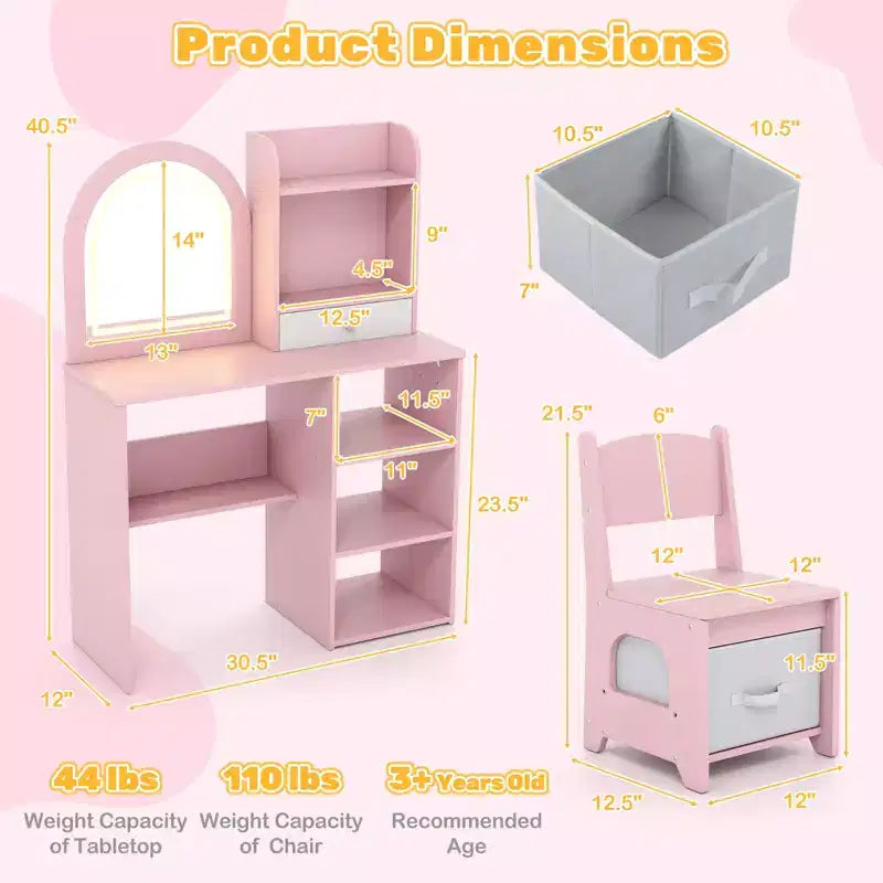 Set da toeletta per bambine principesse con specchio a LED a 3 colori, rosa