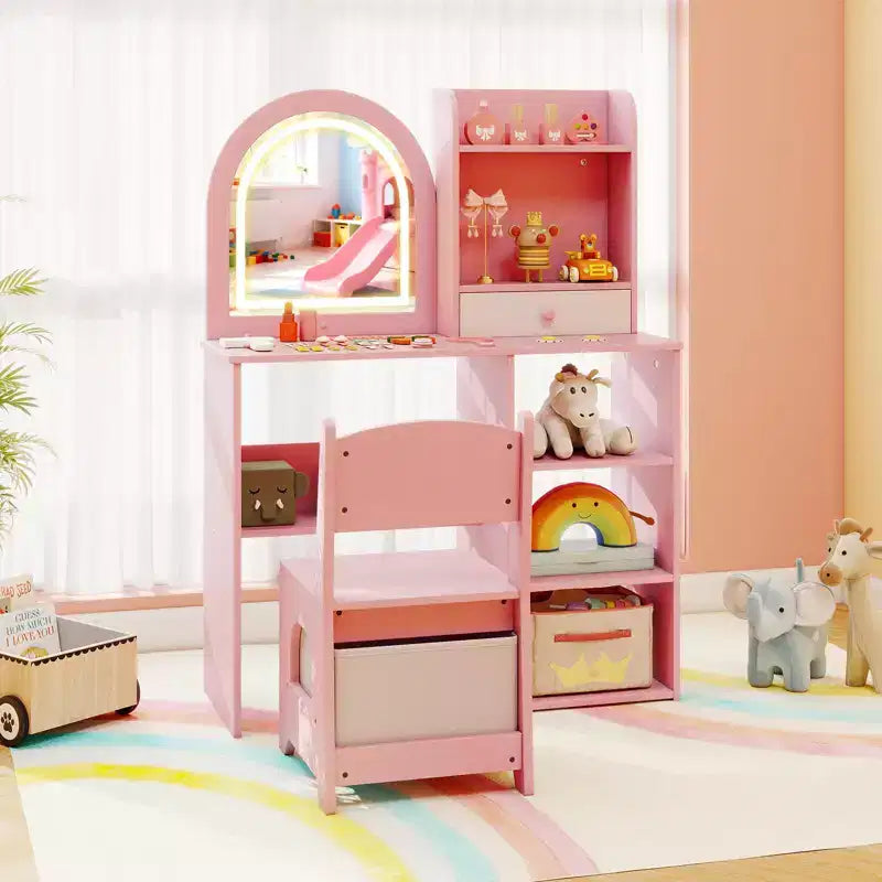 Set da toeletta per bambine principesse con specchio a LED a 3 colori, rosa