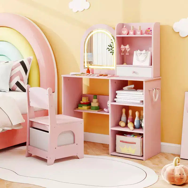 Set da toeletta per bambine principesse con specchio a LED a 3 colori, rosa