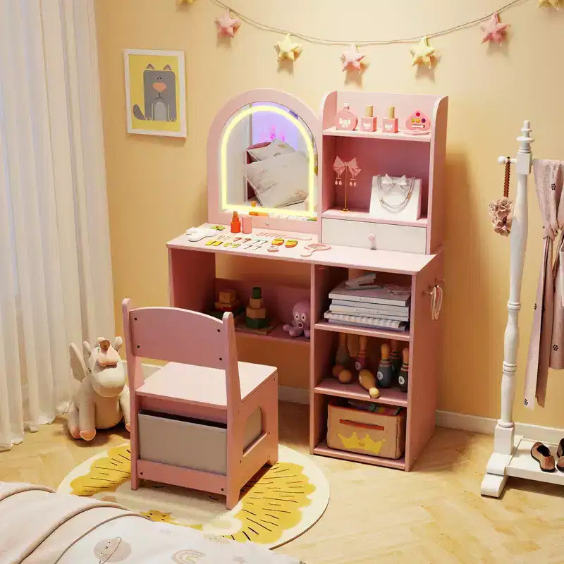 Set da toeletta per bambine principesse con specchio a LED a 3 colori, rosa