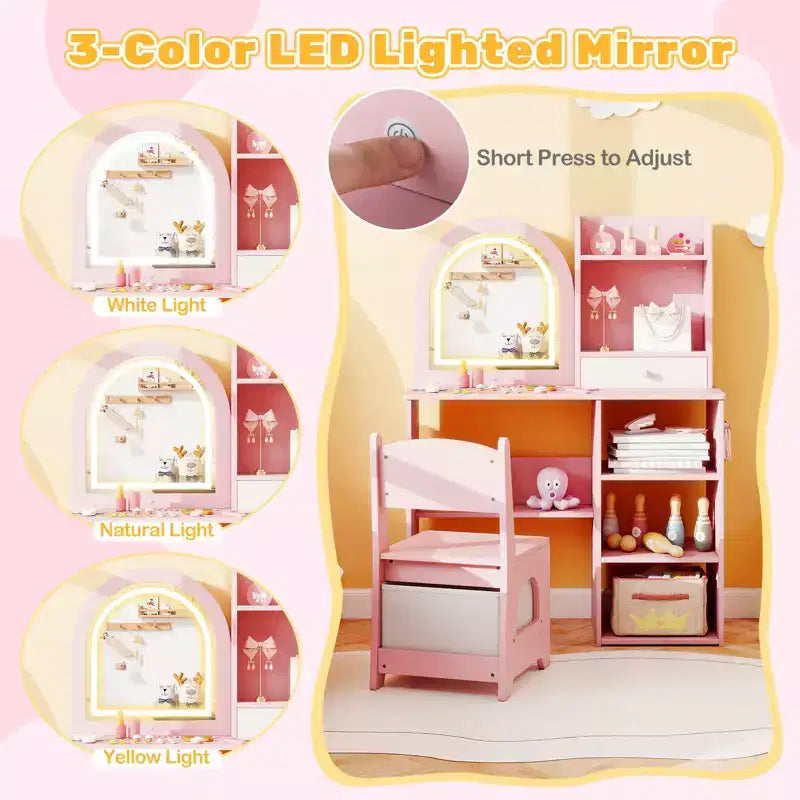 Set da toeletta per bambine principesse con specchio a LED a 3 colori, rosa