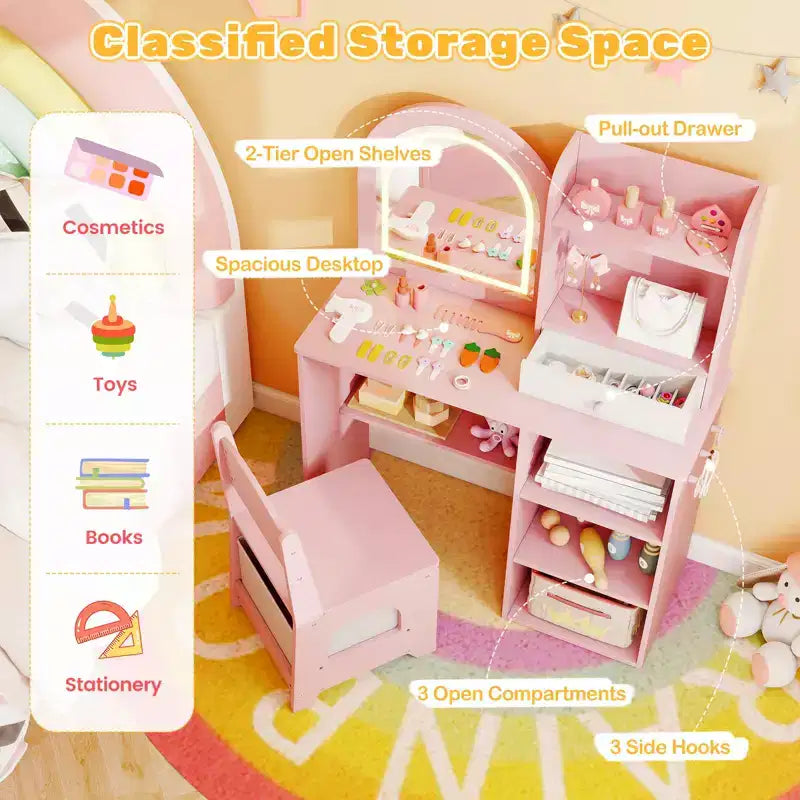 Set da toeletta per bambine principesse con specchio a LED a 3 colori, rosa