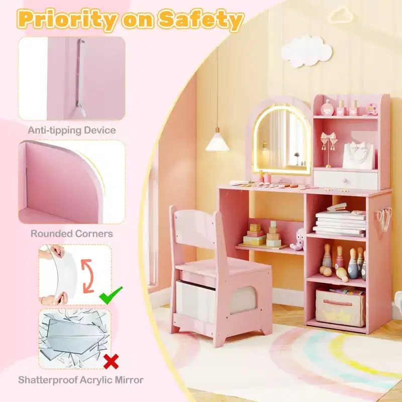 Set da toeletta per bambine principesse con specchio a LED a 3 colori, rosa