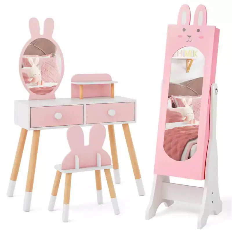 Set da trucco per bambine rosa, tavolo da toeletta e sedia da principessa con armadietto portagioie