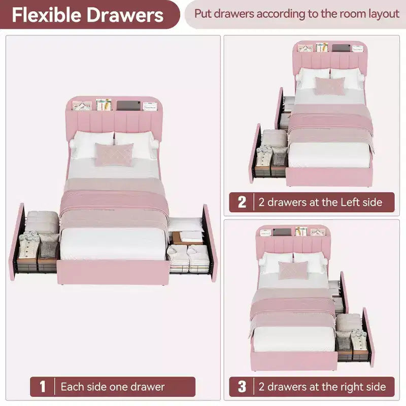 Struttura letto singolo con testiera, 2 cassetti flessibili e libreria per cameretta bambini, rosa
