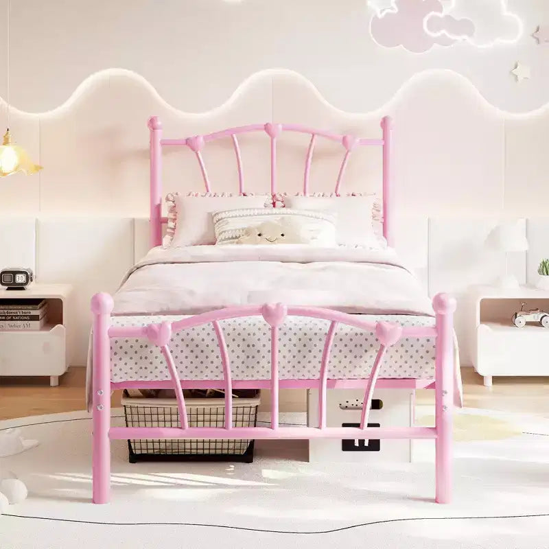 Elegante Letto a Piattaforma in Metallo a Forma di Cuore - Struttura Robusta con Supporto a Doghe, Vano Contenitore Sotto il Letto, Nessuna Rete a Molle Necessaria - Misura Singola, Bianco