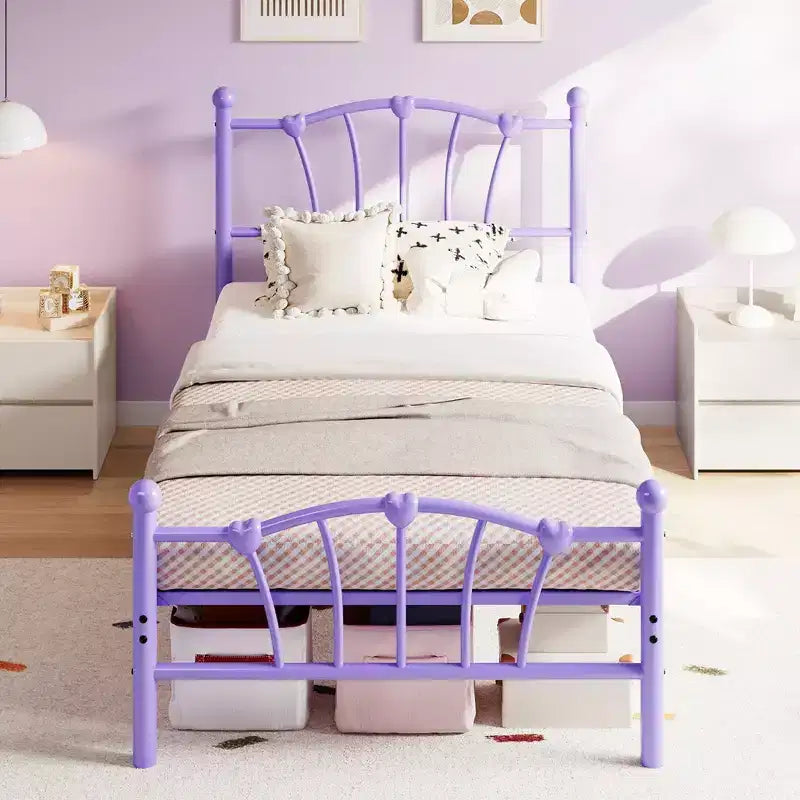 Elegante Letto a Piattaforma in Metallo a Forma di Cuore - Struttura Robusta con Supporto a Doghe, Vano Contenitore Sotto il Letto, Nessuna Rete a Molle Necessaria - Misura Singola, Bianco