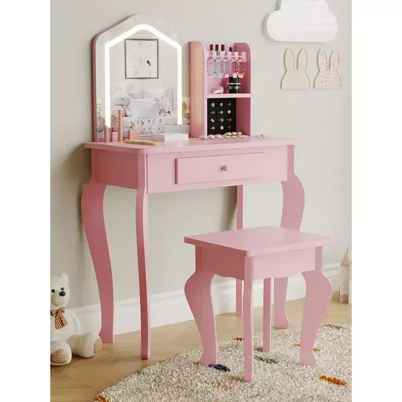 Toeletta per bambine con specchio illuminato, set da trucco e sgabello per bambine dai 3 agli 8 anni