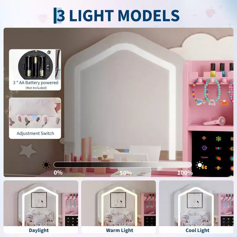 Toeletta per bambine con specchio illuminato, set da trucco e sgabello per bambine dai 3 agli 8 anni