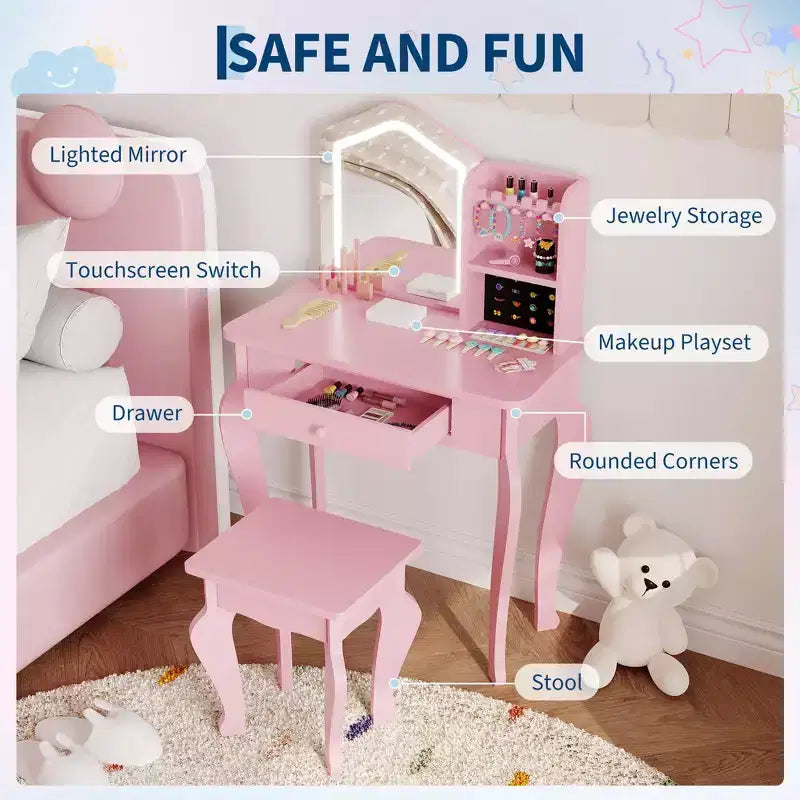 Toeletta per bambine con specchio illuminato, set da trucco e sgabello per bambine dai 3 agli 8 anni
