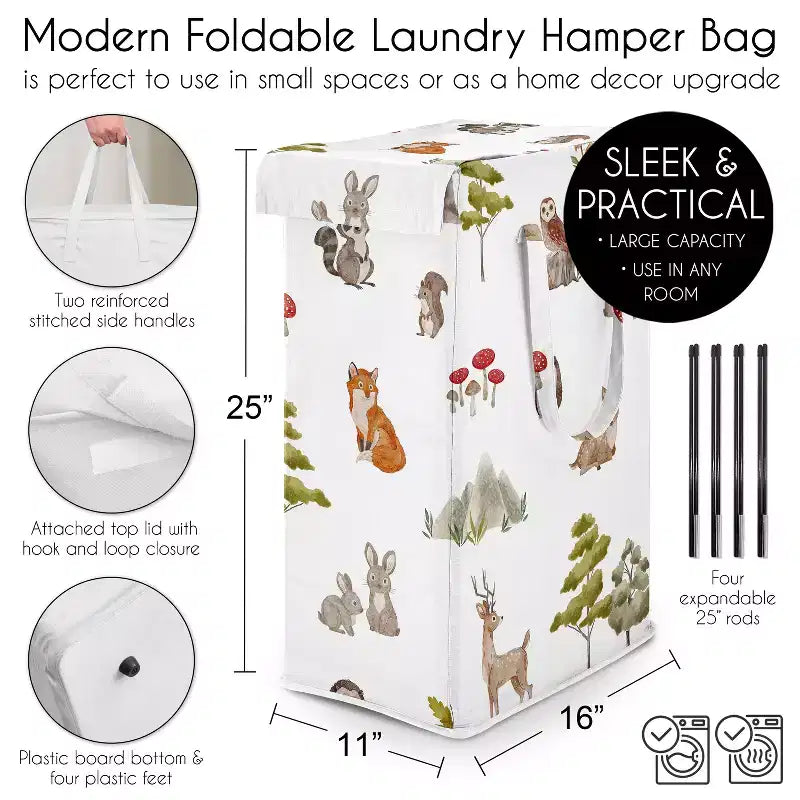 Cesto Portabiancheria Pieghevole per Bambini e Bambine, Unisex/Neutro, con Manici, Acquerello Animali del Bosco, Verde, Marrone e Rosso