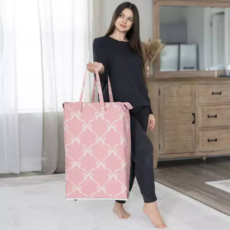 Cesto portabiancheria pieghevole per bambina con manici, ballerina e fiocchi da balletto, rosa e bianco