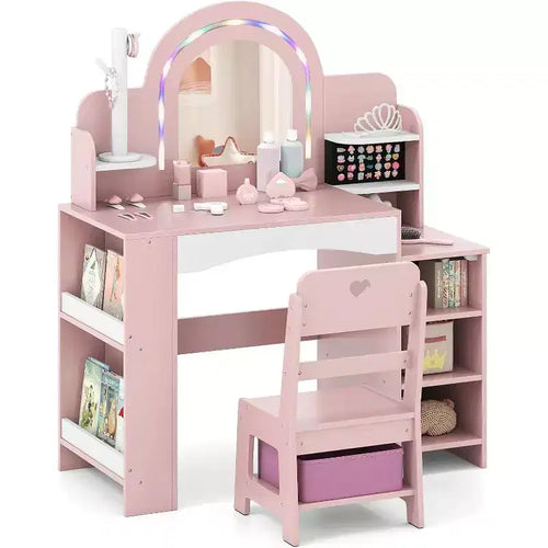 BALHAM TRADE-Girls Vanity Set for Kids with Lighted Mirror Open Bookshelf Ring Slot Jewelry Storage