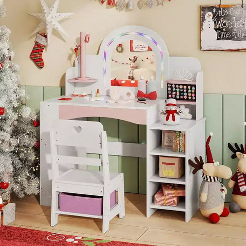 -Set da toeletta per bambine con specchio illuminato, libreria aperta e porta gioielli con scomparto per anelli