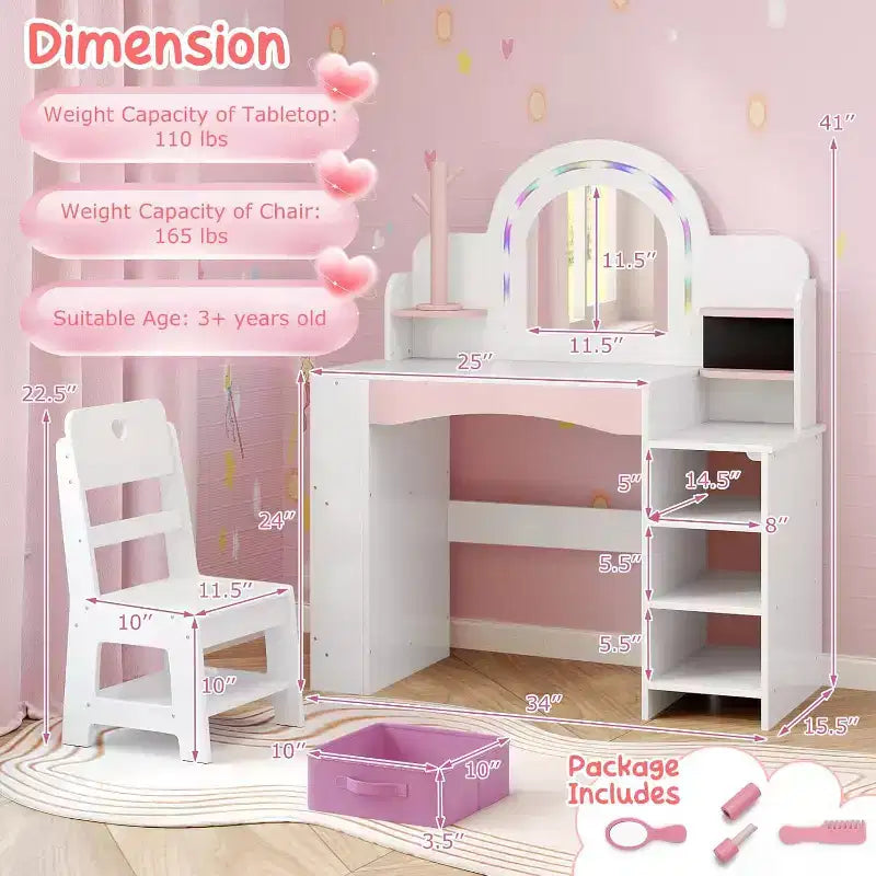 -Set da toeletta per bambine con specchio illuminato, libreria aperta e porta gioielli con scomparto per anelli