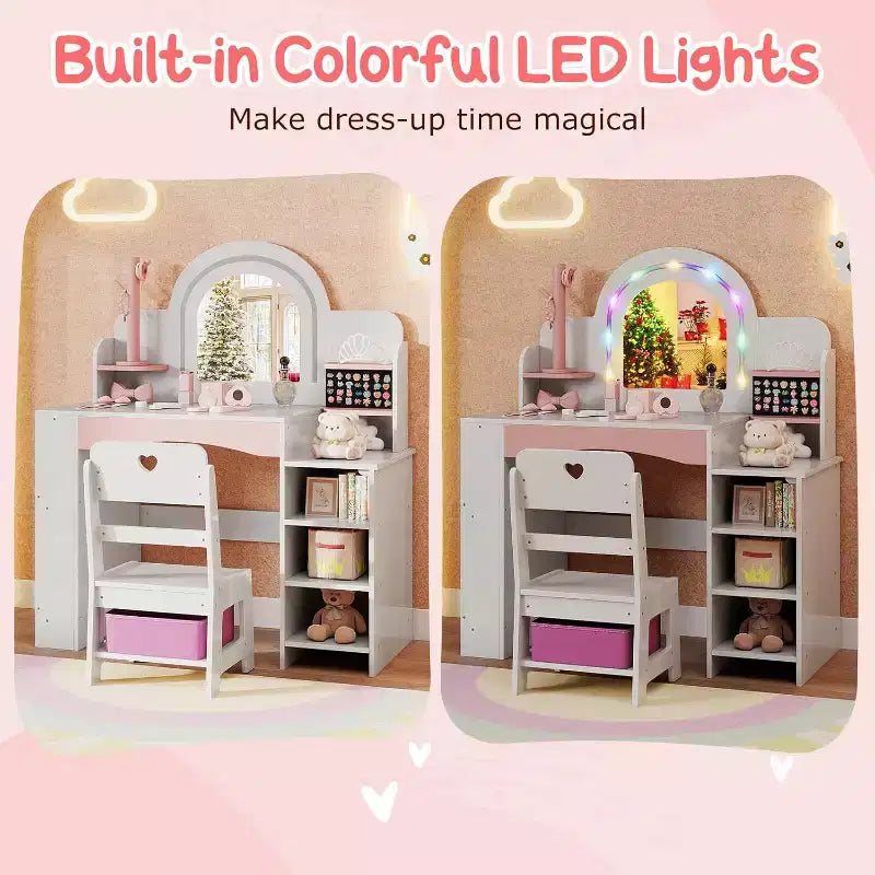 -Set da toeletta per bambine con specchio illuminato, libreria aperta e porta gioielli con scomparto per anelli
