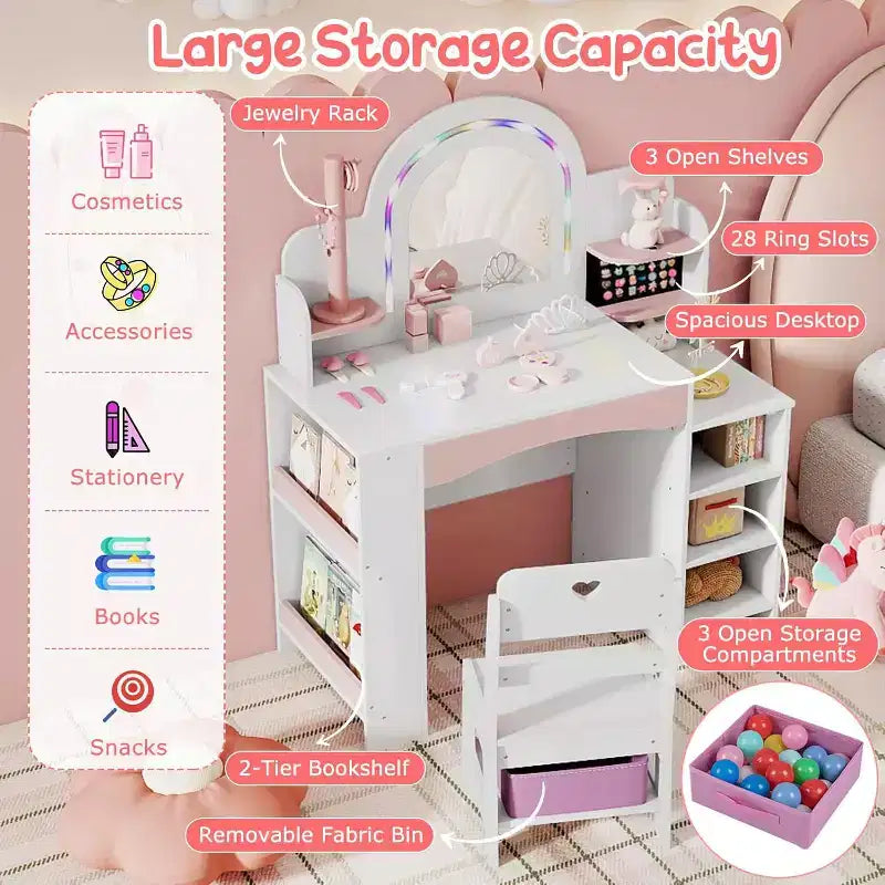 -Set da toeletta per bambine con specchio illuminato, libreria aperta e porta gioielli con scomparto per anelli