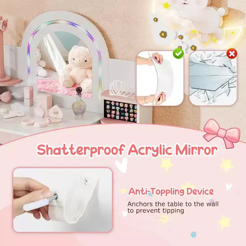 -Set da toeletta per bambine con specchio illuminato, libreria aperta e porta gioielli con scomparto per anelli